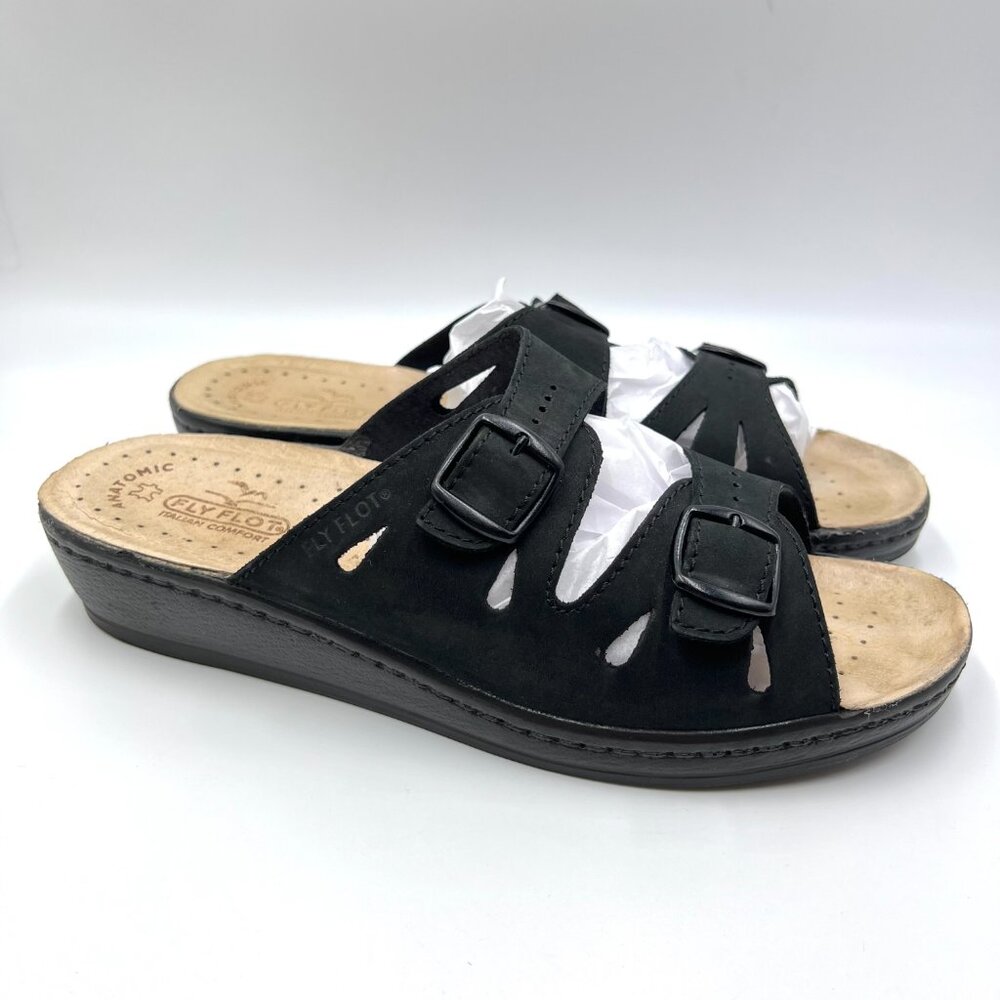 Fly Flot Womens Size‎ 43 EU 12 US Black Leather Comfort Sandals Shoes